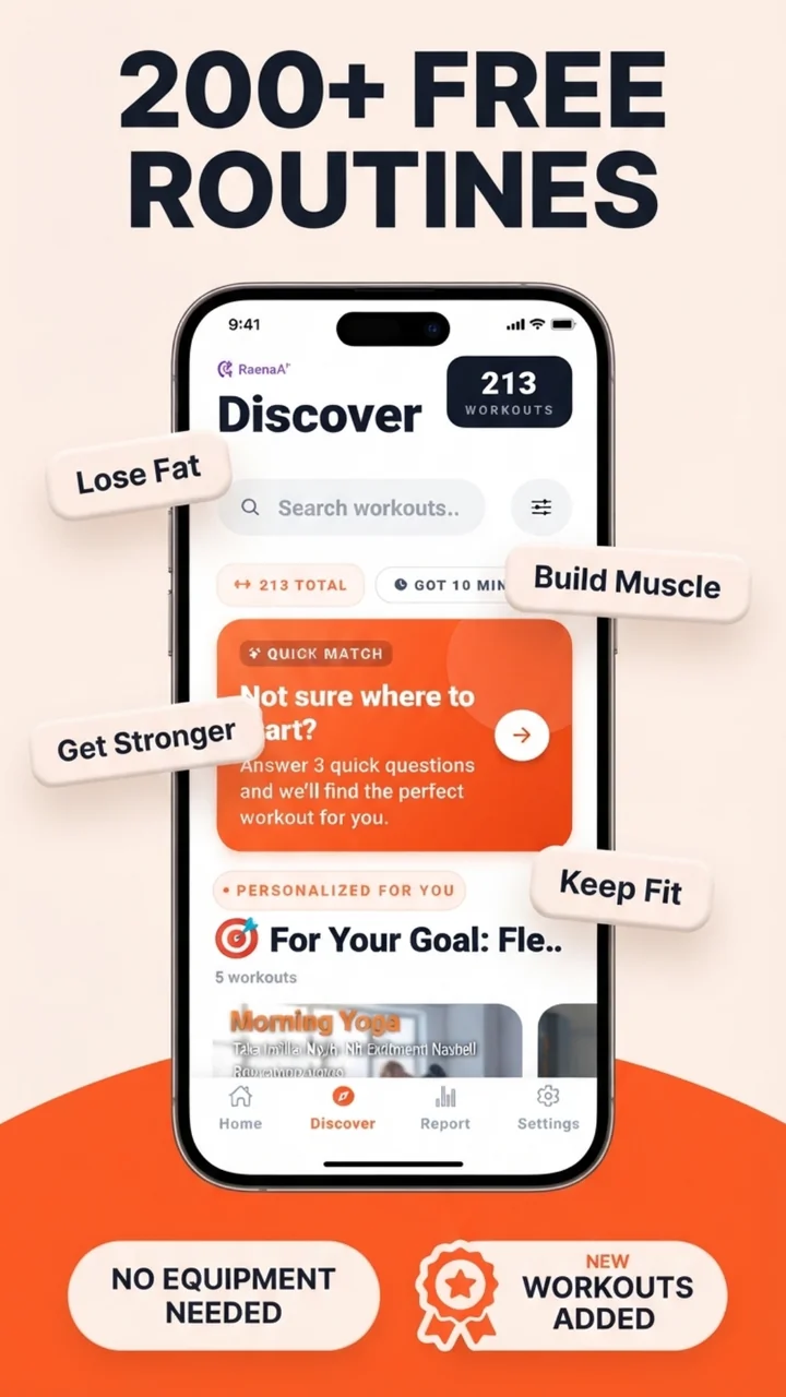 Discover screen with 213 workouts and Quick Match